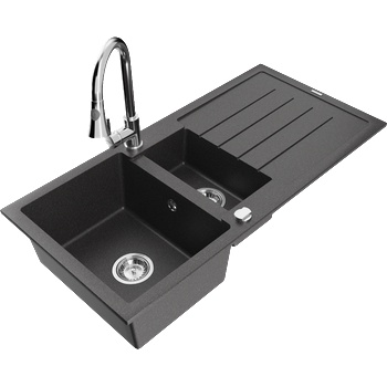 Mexen Andres гранитна мивка с 1, 5 камери, с отцедник и кухненски смесител Elia, черен петнист - 6515-76-670101-00 (6515-76-670101-00)