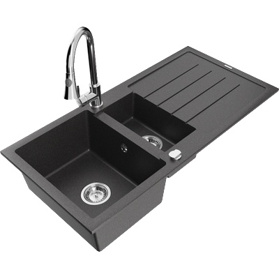 Mexen Andres гранитна мивка с 1, 5 камери, с отцедник и кухненски смесител Elia, черен петнист - 6515-76-670101-00 (6515-76-670101-00)
