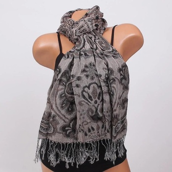 Image 1 of Топъл шал в цвят капучино и черно с флорални мотиви