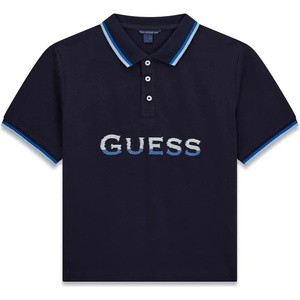 GUESS Oversize тъмносиня тениска с яка за момче с трицветен надпис Guess