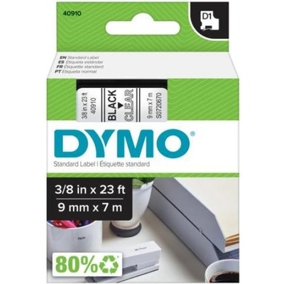 Dymo D1 40910, S0720670, 9mm x 7m, čierna tlač / priehľadný podklad, originálna páska