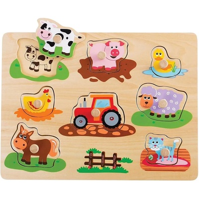 Lelin Дървен пъзел с дръжки и подсказки Lelin - Ферма (L20064)