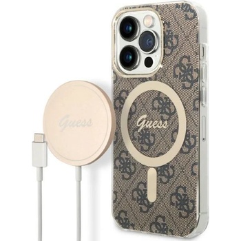 GUESS Комплект безжично зарядно устройство и кейс Guess GUBPP14LH4EACSW за iPhone 14 Pro 6.1"", кафяв / кафяв, твърд, съвместим с MagSafe, 4G Print (GUE002554-0)