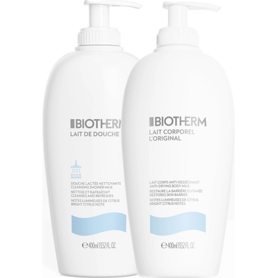 Biotherm care duo with Lait Corporel L'Original body lotion 400 ml & Lait De Douche shower gel 400 ml, moisturizing body care with Life Plankton & citrus scent for supple skin