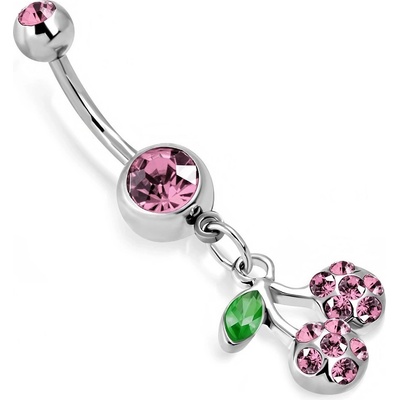 Šperky eshop piercing do bříška třešně na stonku a lístek blýskavé broušené zirkony X45.8