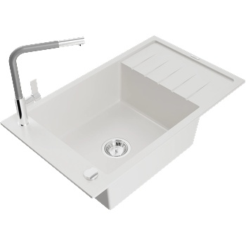 Mexen Elias гранитна мивка с 1 отделение с отцедник и кухненски смесител Flora, бял - 6511-20-670401-06 (6511-20-670401-06)