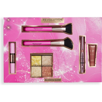 Makeup Revolution London Blush & Glow Gift Set darčekový set rozjasňujúca paletka Highlighter Quad 9,6 g Make It Count + rozjasňovač Bright Light Highlighter 3 ml Divine Dark Pink + kozmetický štetec