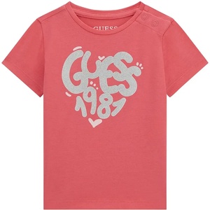 GUESS Тениска в цвят корал с къс ръкав за мини момиче със сребрист надпис Guess