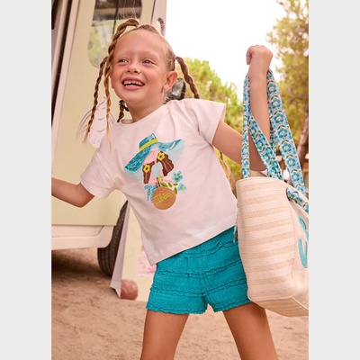 Mayoral Комплект къс панталон фантазия в синьо и бяла тениска с апликация за мини момиче Mayoral