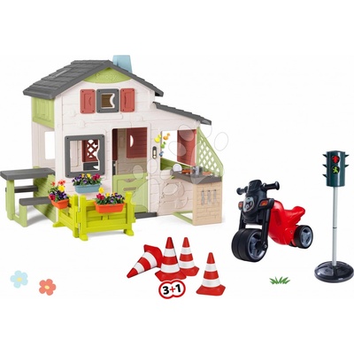 Smoby Set domček Priateľov s predzáhradkou a kuchynka so spotrebičmi Friends House Life a servírovací vozík s potravinami