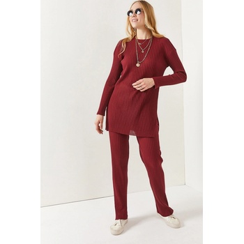 Olalook Women's Claret Red Top Slit Blouse Bottom Palazzo Corduroy Suit tmavočervená