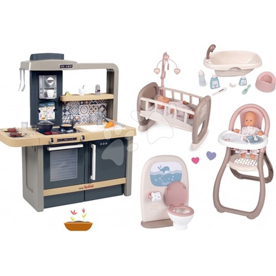 Smoby Set kuchyňka elektronická s nastavitelnou výškou Tefal Evolutive New Kitchen a záchod s koupelnou pro panenky s vaničkou židlí a kolébkou