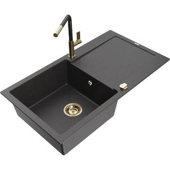 Mexen Leo 1-коморов гранитен мивка с отцедливник и кухненски смесител Flora, черен на точки - 6501-76-670401-75-G (6501-76-670401-75-G)