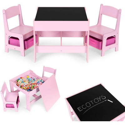 EcoToys Detský set stôl + 2 stoličky s úložnými boxmi a tabuľou ružový