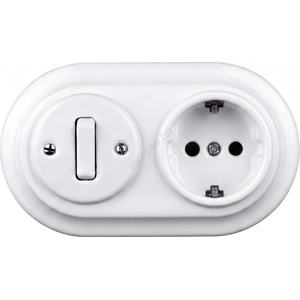 Elhard - Керамичен ретро ключ № 1 и розетка 230V с рамка SCHUKO бели (EF0089E)