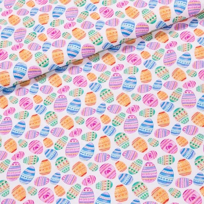 Bavlněné plátno velikonoční TREND OEFS 60 MULTICOLOR, barevná velikonoční vajíčka na bílé, š.150cm (látka v metráži)