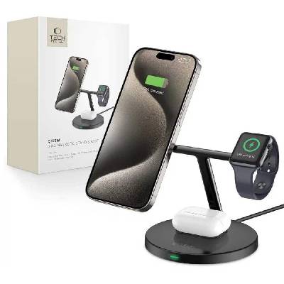 Безжично зарядно Tech-Protect Qi15W 3in1 Magnetic Stand, тройна поставка за безжично зареждане, 9V/2A, черно, 15W (THP2853)