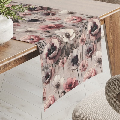 Biante Dekoračný behúň Terra TRA-003 Ružovo-biele kvety na sivobéžovom 35x160 cm