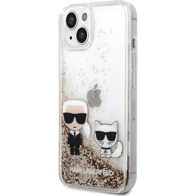 KARL LAGERFELD Liquid Glitter Karl and Choupette Case - дизайнерски кейс с висока защита за iPhone 14 (прозрачен-златист)