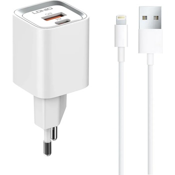 LDNIO Мрежово зарядно устройство LDNIO A2318C, 20W, 1 x Type-C F, 1 x USB F, PD, QC, С Lightning кабел, Бял - 40290 (40290)
