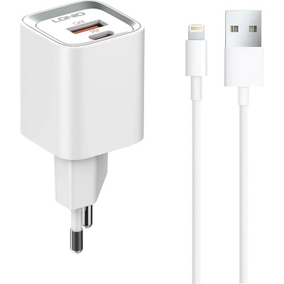 LDNIO Мрежово зарядно устройство LDNIO A2318C, 20W, 1 x Type-C F, 1 x USB F, PD, QC, С Lightning кабел, Бял - 40290 (40290)