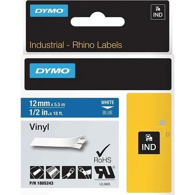 DYMO vinylová páska RHINO D1 12 mm x 5,5 m, bílá na modré, 1805243