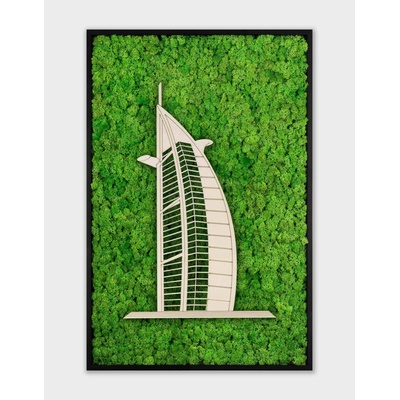 Lišejníkový obraz s dřevěným světovým monumentem Světlé dřevo, Burj al Arab