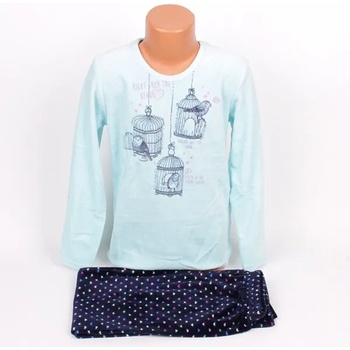 Image 1 of Плюшена пижама за деца в светло и тъмносиньо с птички и сърчица