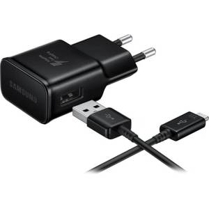 Samsung Променливотоково зарядно устройство с USB гнездо 15W, бързо зарядно устройство + microUSB кабел, ЧЕРНО EP-TA200EBE_MICROUSB (EP-TA200EBE_MICROUSB)