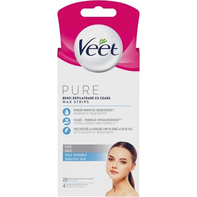 Veet Pure Восъчни ленти за лице за чувствителна кожа, 20 броя