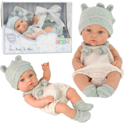 LeanToys Panenka miminko, šedý obleček, klobouk, bryndák, 18 cm