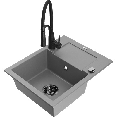Mexen Enzo гранитна мивка с 1 отделение с отцедник и кухненски смесител Aster, сив - 6506-71-73450-70-B (6506-71-73450-70-B)