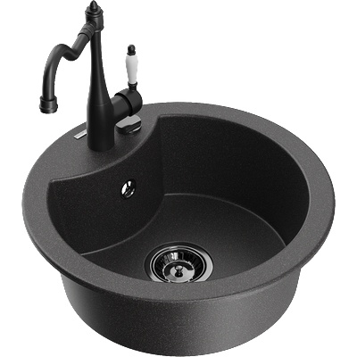 Mexen Diego еднокамерен градински мивка с кухненски смесител Carla, черен на пръски - 6512-76-670700-70-B (6512-76-670700-70-B)