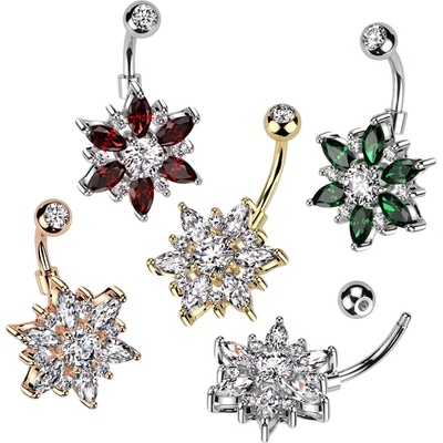 Šperky Eshop Ocelový piercing do pupíku s barevným zirkonovým květem X32.16 Stříbrná čirá