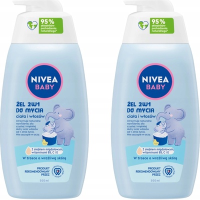 NIVEA BABY 2 v 1 Gel na mytí těla a šampon s pumpičkou pro děti 2 x 500 ml