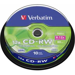 Verbatim CD-RW диск, презаписваем, SERL, 700MB, 8-10x, 10 бр. , на ролка 43480 (43480)