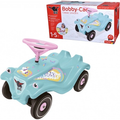 BIG auto Bobby Car Classic Unicorn ekologické tyrkysové s klaksónom a trendy nálepkami