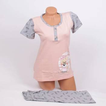 Image 1 of Дамска лятна пижама в коралово и сиво с мече