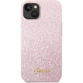 GUESS Glitter Flakes Metal Logo - хибриден удароустойчив кейс за iPhone 14 Plus (розов)