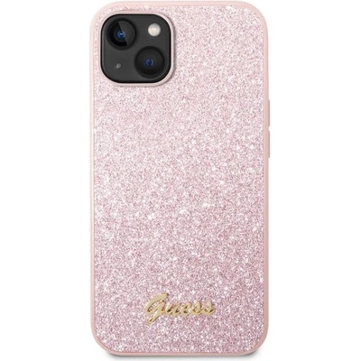 GUESS Glitter Flakes Metal Logo - хибриден удароустойчив кейс за iPhone 14 Plus (розов)