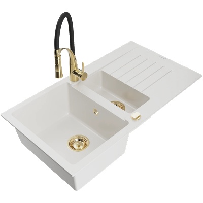 Mexen Matias гранитна мивка 1, 5-камерна с отцедник и кухненски смесител Aster, бял - 6502-20-73450-57-G (6502-20-73450-57-G)