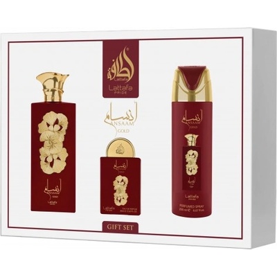LATTAFA Комплект за унисекс Lattafa Pride Ansaam Gold - 100 - Парфюмна вода 100 мл + Дезодорант спрей 200 мл + Парфюмна вода 20 мл + Парфюмна вода
