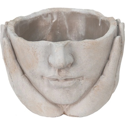 Clayre & Eef Béžovo-šedý cementový květináč ruce podpírající obličej 18x18x13 cm