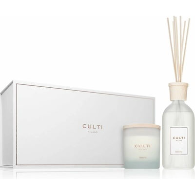 Culti Milano Tessuto Stile Tessuto aróma difuzér 500 ml + Culti Milano Sticks Stile tyčinky do aróma difuzérov + Culti Milano Tessuto Candle vonná sviečka 270 g + Culti Milano Candle Lid