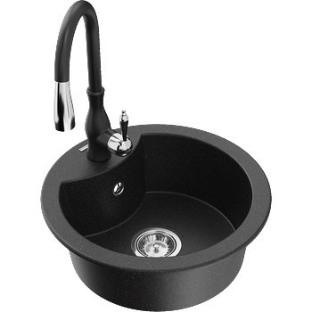 Mexen Diego гранитна мивка с 1 отделение със смесителна батерия Savita, черен/сребърен металик - 6512-73-672601-70 (6512-73-672601-70)