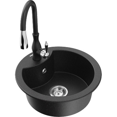 Mexen Diego гранитна мивка с 1 отделение със смесителна батерия Savita, черен/сребърен металик - 6512-73-672601-70 (6512-73-672601-70)