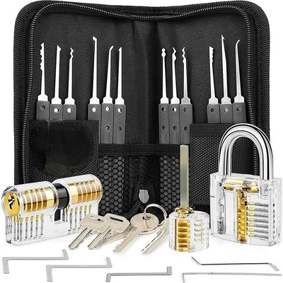 Mobilly комплект шперцове LockPick 15в1 + 3x прозрачен тренировъчен катинар, черен