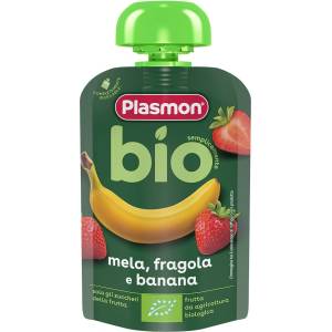 PLASMON Био плодова закуска Plasmon - Пауч с ябълка, банан и ягода, 6 м+, 100 g (3189) - baby