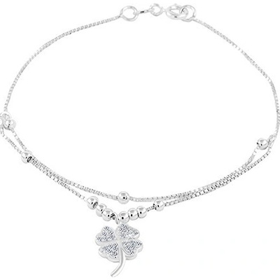 Šperky eshop stříbrný náramek čtyřlístek se zirkony kuličky dvojitý řetízek AC08.29