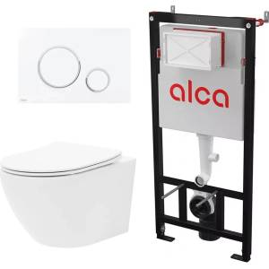 Rune Комплект казанче за WC с вграждаща рамка Alca AM101/1120 и бутон Thin M776, бяло-хром, плюс бяла тоалетна чиния Rune Ivaldi с капак softclose (AM101/1120+M776+5940541330400)